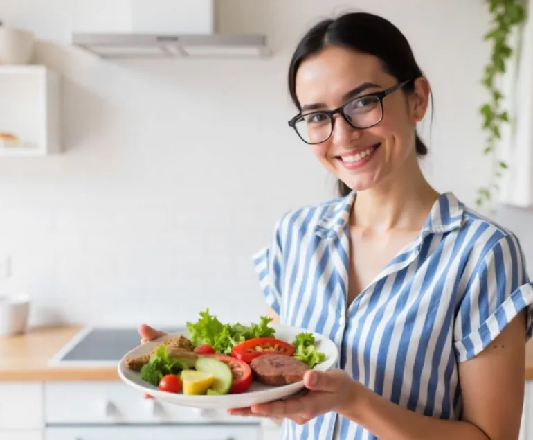 Young-Indian-woman-holding-a-plate-of-assorted-functional-foods,-symbolising-muscle-friendly-nutrition-with-ragi,-moringa,-turmeric,-dairy,-and-seeds