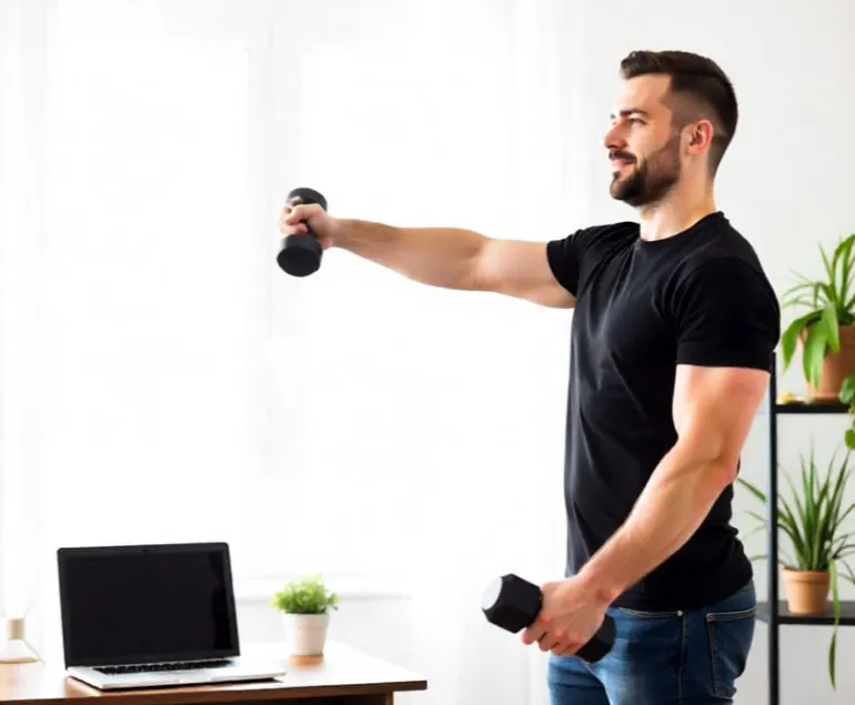 Young-man-doing-dumbbell-strength-training-at-home-to-build-muscle-and-prevent-early-muscle-loss