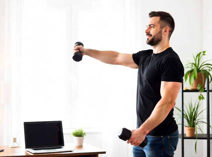 Young-man-doing-dumbbell-strength-training-at-home-to-build-muscle-and-prevent-early-muscle-loss